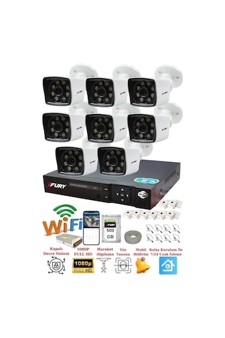 Fury 8 Kameralı 5mp Lens 1080p 2mp Color Görüntü 8 Warm Led Gece Görüş Fullhd Güvenlik Kamera 5525w 500gb