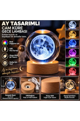 Ay Tasarımlı Cam Küre Gece Lambası Usb Li Ahşap Altlıklı Renk Değiştiren Dekoratif Lamba 6 Cm Şeffaf