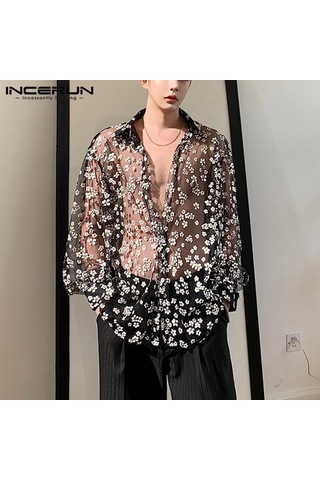 İncerun Erkek Club Party Perspektif Gömlek Yaz Uzun Kollu Fileli Transparan Gömlek Siyah
