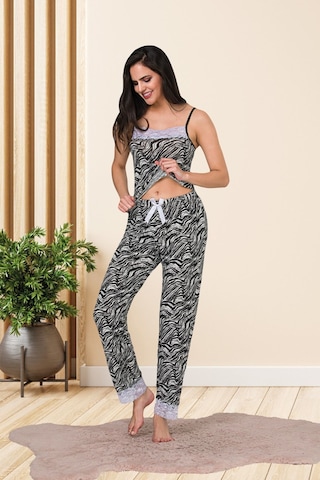 Myben Kadın Zebra Desenli Pamuklu Likralı Siyah Renkli Askılı Dantel Detaylı Pijama Takımı 28456 Siyah
