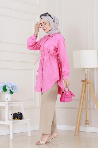Sevitli Cep Kapaklı Beli Bağcıklı Tunik-pembe-5155 Pembe