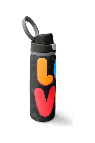 Coral High 800 Ml Erkek Çocuk Siyah Çok Renkli Love Baskılı Pipetli Ve Direkt İçim Çelik Termos/matara - 38508 Sarı - Mavi