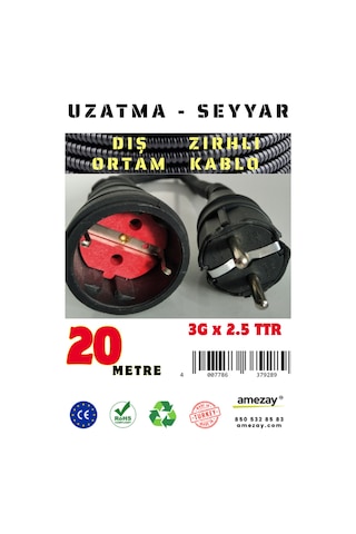 20 Metre Dış Ortam Spiral Zırhlı Uzatma Kablosu - G3x2.5 Kablo Kesiti 20 Metre