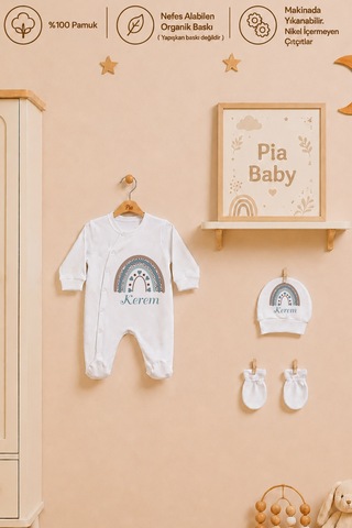 Pia Baby İsme Özel Erkek Bebek Tulum %100 Pamuk Organik Baskılı İsimli Bebek Tulumu Ham Bez Kıyafet Kesesi Bebek Hediye Seti 1073tkyx Krem