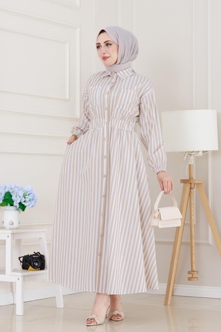Sevitli Çizgili Cepli Tesettür Elbise-bej-5136 Bej