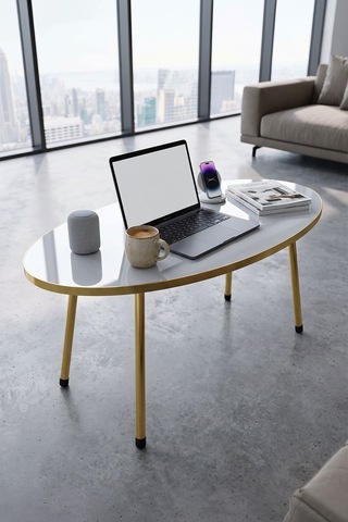 Gold Metal Oval Orta Sehpa Beyaz Çok Renkli