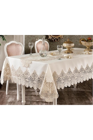 Fransız Güpürlü Yakut Masa Örtüsü Takımı 26 Parça Ekru Altın