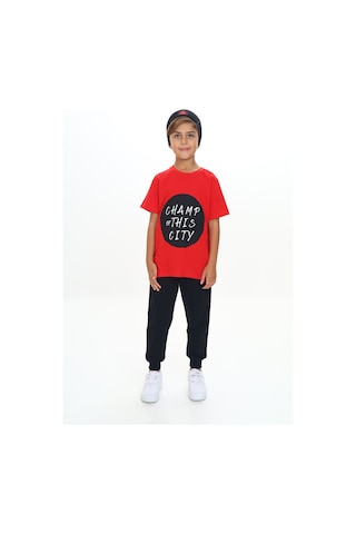 Toontoy Kids Toontoy Erkek Çocuk 2'li Takım Baskılı Bisiklet Yaka Kısa Kollu T-shirt & Beli Paçası Lastikli Cepli Jogger Eşofman Altı - Renk Bloklu & 2 İplik Kırmızı