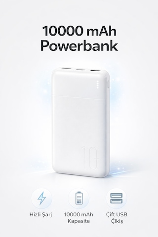10000 Mah Powerbank Hızlı Şarj Led Göstergeli Çift Usb Type-c Girişli Taşınabilir Şarj Cihazı Beyaz