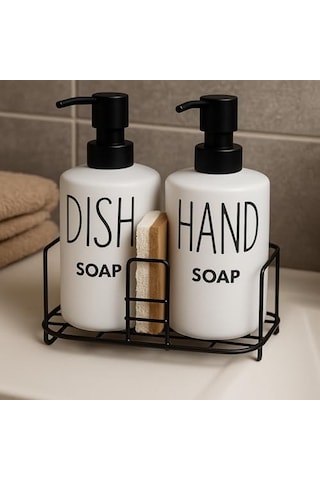 Metal Standlı Çiftli Seramik Sıvı Sabunluk Dish & Hand Soap Yazılı 12 Izgara