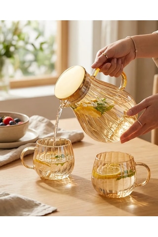 Modern Borosilikat Dilimli 1800 Ml Cam Sürahi Ve 300ml 2li Bardak Çay, Meyve Detoksu Ve Soğuk İçecekler İçin