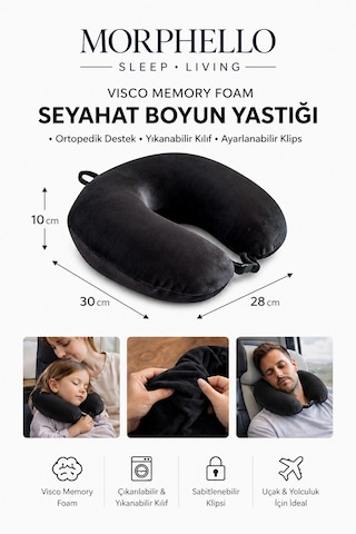 Morphello Visco Seyahat Boyun Yastığı Klipsli, Yıkanabilir Kılıflı Ortopedik U Boyun Yastığı Siyah