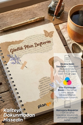Kadın Ve Çiçek Spiralli Günlük Planlama Defteri - Daily Planner - Planlayıcı Beyaz - Bej
