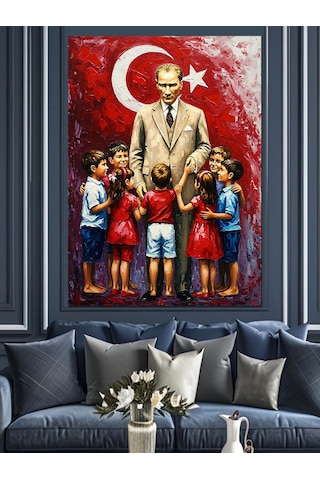 Türkiye Çocuk Ve Atatürk Sevgisi Dekoratif Kanvas - Mdf Ahşap Tablo