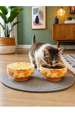 Mama Kabı Kedi Ve Köpek Ayaklı 2 Li Seramik Doğal Mama Ve Su Kabı Soft Sarı Marble