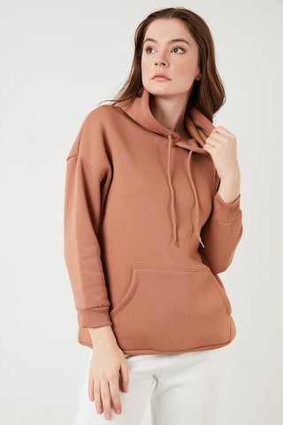 Lela Regular Fit Pamuklu Kapüşonlu Yaka Şardonlu Kışlık Bayan Sweat 5863854 Bisküvi