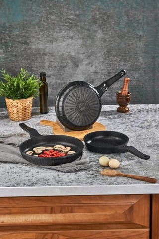 Line 3 Parça Döküm Tava Set 20/24/28 Cm Yapışmaz Siyah