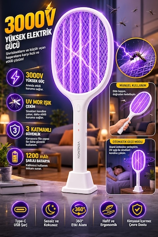 3000v Şarjlı Elektrikli Sinek Raketi Standlı Sivrisinek Haşere Öldürücü Sineklik Haşere Aleti D028