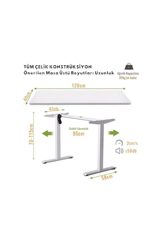 Elektrikli Yüksekliği Ayarlanabilir Ergonomik Bilgisayar & Çalışma Masası - Tek Motorlu 2 Hafızalı Beyaz, 120 Çok Renkli