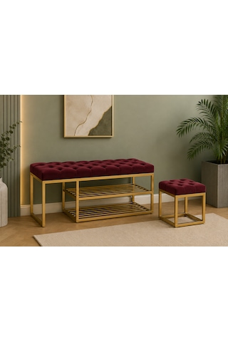 Gold Metal Bench Ayakkabılık Bank, Kapı Girişi Puf Ayakkabılık Bordo