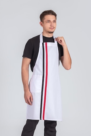 Erkek Boyundan Asmalı Çizgili Barista Şef Mutfak Önlüğü Beyaz