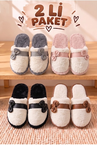 Stwenn 2'li Karma Erkek Kadın Avantajlı Paket Peluş Ev Terliği Kapalı Burun Arkası Açık Sıcak Rahat Panduf 2 Li Osimen