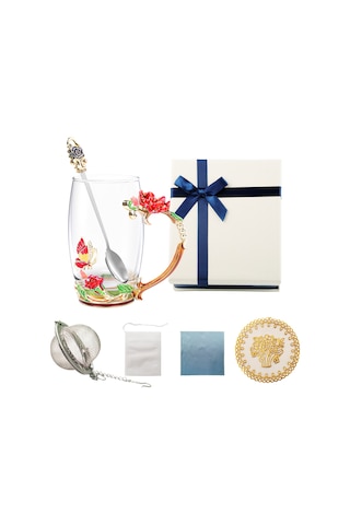 Neevoyu Kırmızı Cam Çay Bardağı Seti 350ml - Floral Desenli, Isı Yalıtımı, Kaşık+temizlik Bezi+hediye Kutusu İle - Açık Renkli Zümrüdüanka Desenli Ev Dekorasyonu Ve Çay Zevki Çok Renkli