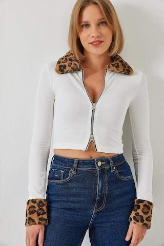 Shade Kadın Leopar Peluşlu Fermuarlı Hırka 60261015 - Beyaz