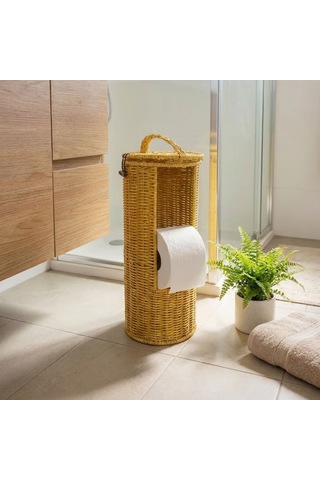 Askılı Plastik Rattan Tuvalet Kâğıdı Standı Hasır Görünümlü, Kapaklı, Yedekli Wc Kâğıtlık, Banyo Ve Tuvalet İçin Dekoratif Organizer Altın