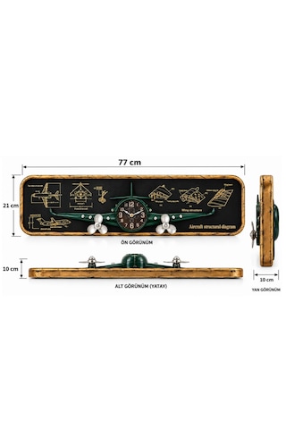 Nostaljik Uçak Temalı Kırmızı Pano Saat - 77 Cm Kahverengi - Yeşil