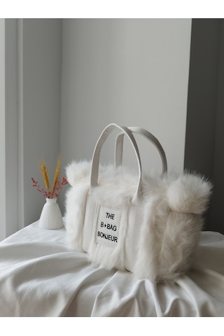 Vivazzaluxe Vintage Peluş Kürk Model Sonbahar, Kış The Bag Bonjeur Kadın El, Kol, Omuz Çanta Beyaz