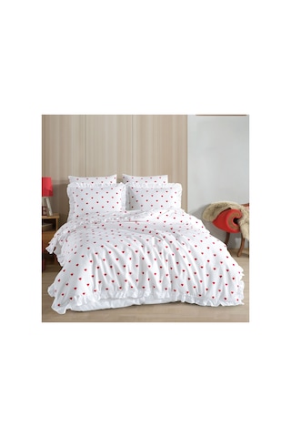 Fırfırlı Kalpli Çift Kişilik Nevresim Takımı 4 Yastık Kılıfı Lastikli Çarşaflı 200x220cm Çok Renkli