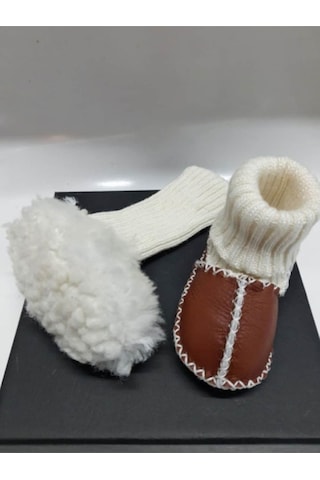 Xmlbayiciniz Lona Sanat Bebek Unisex Organik Kuzu Derisi İlk Adım Ayakkabısı Panduf Patik - Ng3001 Kahverengi 12-18 Ay Siyah - Beyaz