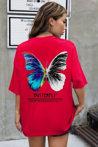 Flood Of Style Unisex Butterfly Baskılı T-shirt Kırmızı