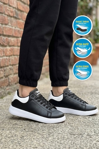 Walkway Siyah Beyaz Bağcıklı Hafif Unisex Cilt Spor Ayakkabı Costa G Siyah - Beyaz