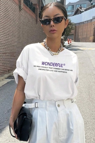 Flood Of Style Unisex Beyaz Bisiklet Yaka Wonderful Baskılı Oversize