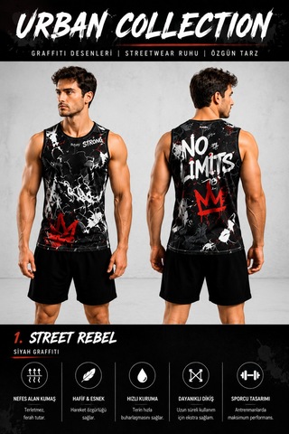Beydex Erkek Nem Emici Hızlı Kuruma Urban Collection Sporcu Sıfır Kol T-shirt Gym Siyah