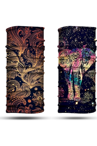 Dair Altın Yaprak - Şans Fili Desenli 2'li Set Boyunluk Bandana Outdoor Balaklava Yüz Maskesi Kafa Bandı