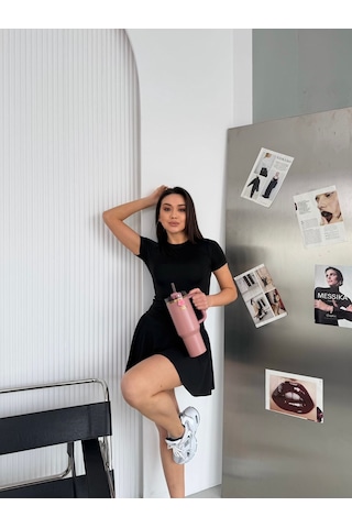 Elaxi Kadın Mikro Kumaş Şort Etekli Alt Üst Takım Mini Spor Şık Kombin Siyah