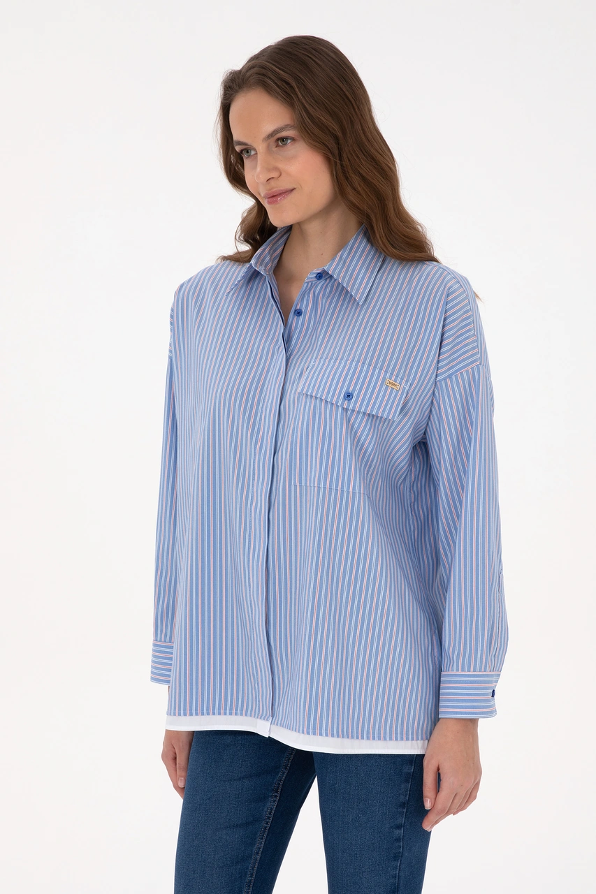 U.S. Polo Assn. Kadın Saks Çizgili Uzun Kollu Gömlek 50316369-VR032