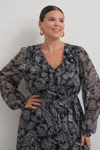 V Yaka Fırfırlı Kuşaklı Elbise-3366 Siyah