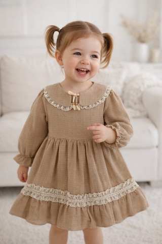 Babyhola Bayramlık Kız Bebek Elbise Dantel İşlemeli Bebe Yaka Vintage Müslin 2017 Kahverengi