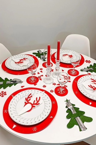 Yılbaşı Temalı Supla Seti Kırmızı-yeşil Keçe, 4 Kişilik Kırmızı