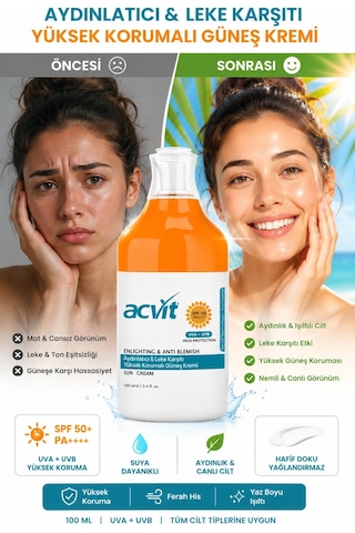 Acvit Aydınlatıcı ve Leke Karşıtı Yüksek Korumalı Güneş Kremi SPF50+ 100 ML