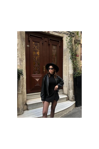 Merstore Yeni Sezon Kadın Bomber Deri Ceket Siyah Siyah