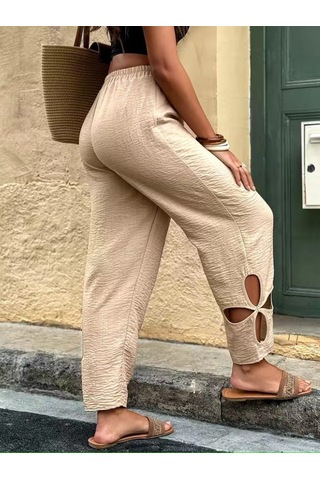 Efnaz Style Kadın Yüksel Beli Lastikli Yan Detayı Çiçek Desenli Pantolon Bej