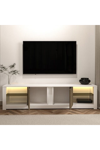 Aydos LED Işıklı Modern TV Sehpası – Cam Raflı, 2 Kapaklı, 180 cm, Beyaz/Antik Ceviz