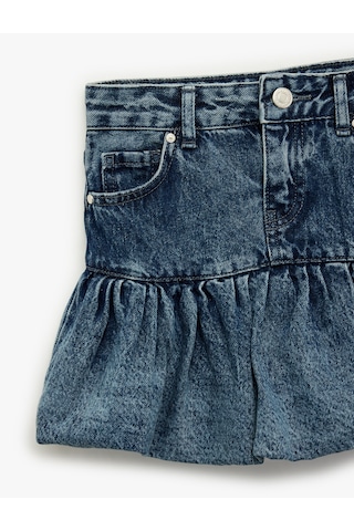 Koton Pamuklu Düğmeli Yıpratmalı Cepli Mini Balon Denim Etek Orta İndigo 6skg70001ad İndigo