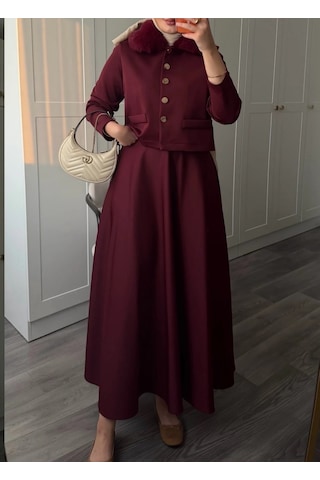 Molly Nelly Kadın Yaka Kürk Detaylı Skuba Etekli Takım Bordo