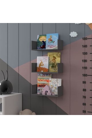 Asra Trend Çocuk Odası Duvar Rafı Kitaplık ÇR-03 %100 MDF 3'lü Set Antrasit